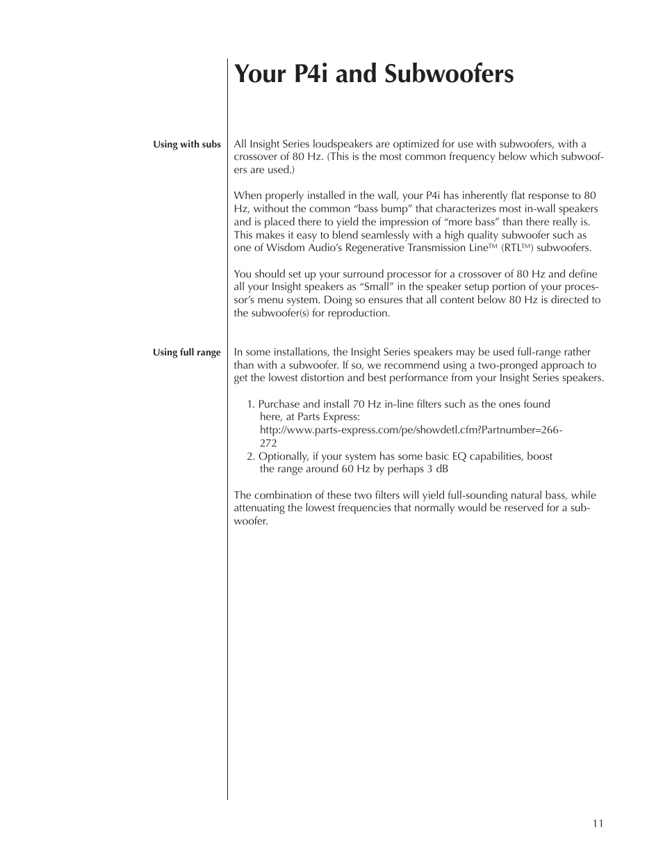 Your p4i and subwoofers | Wisdom Audio Insight Series P4i User Manual | Page 11 / 18