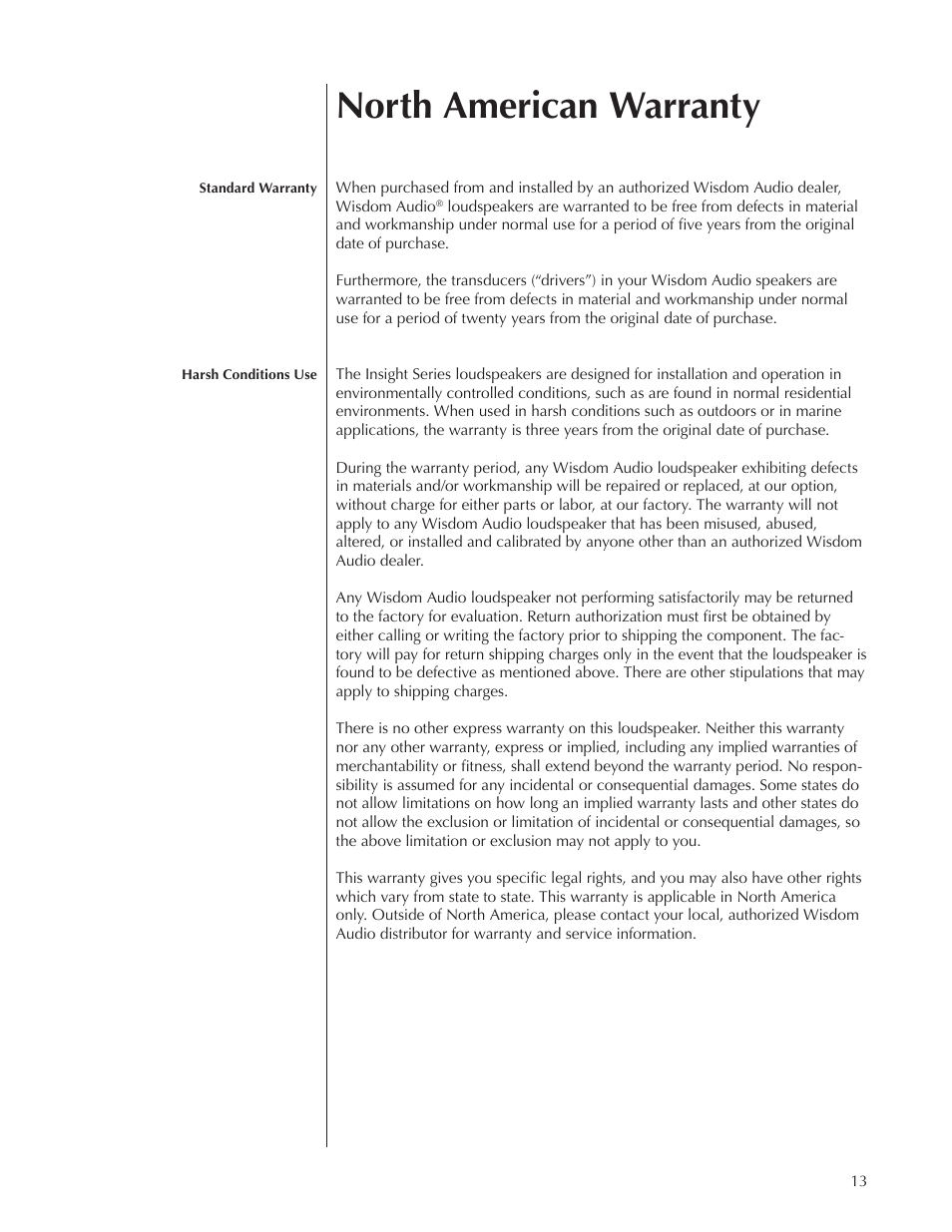 North american warranty | Wisdom Audio Insight Series P2i User Manual | Page 13 / 18