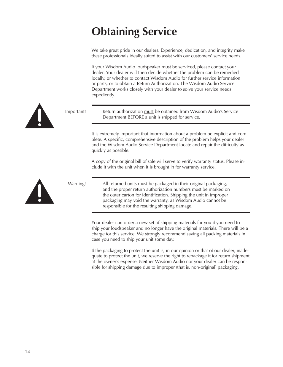 Obtaining service | Wisdom Audio Insight Series P2i User Manual | Page 14 / 18