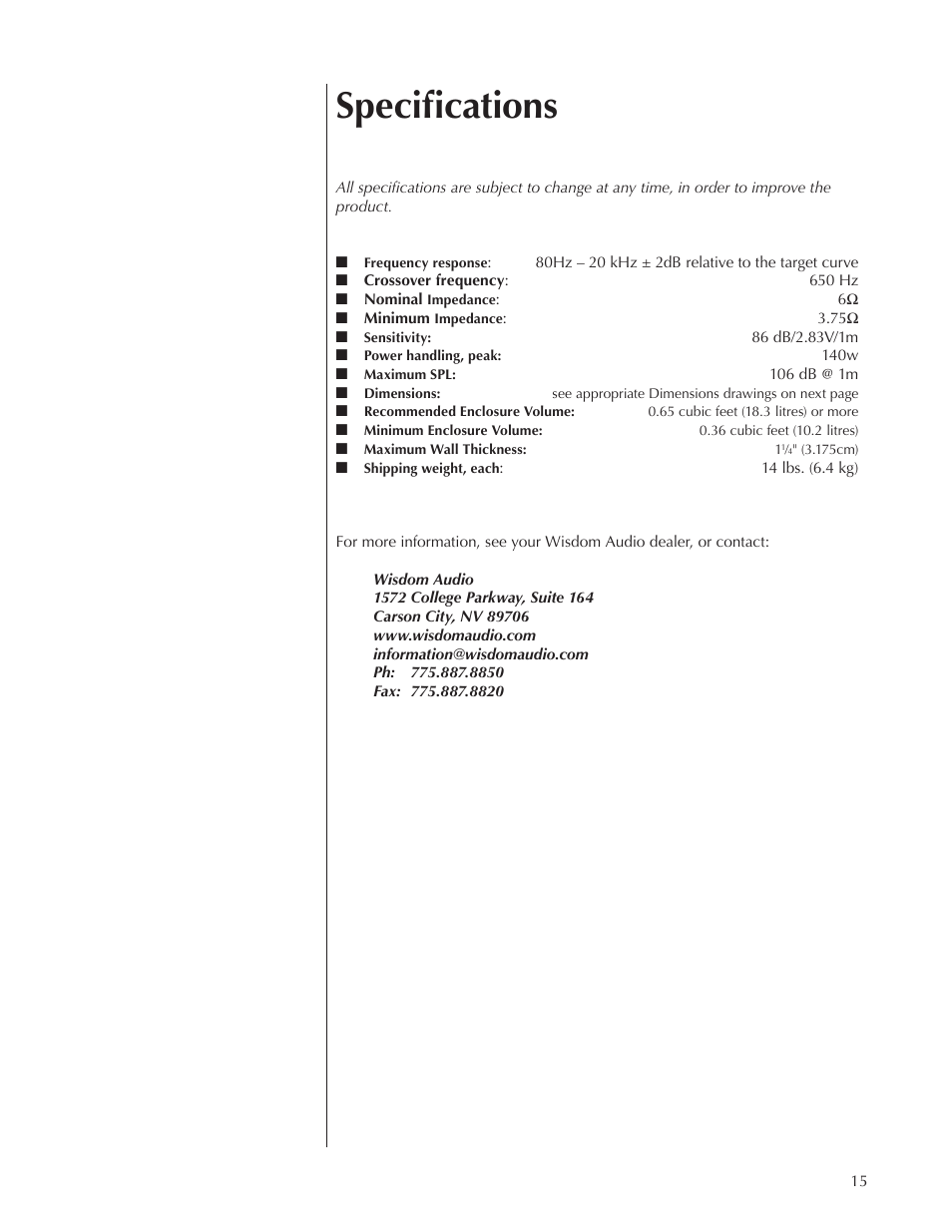 Specifications | Wisdom Audio Insight Series P2i User Manual | Page 15 / 18