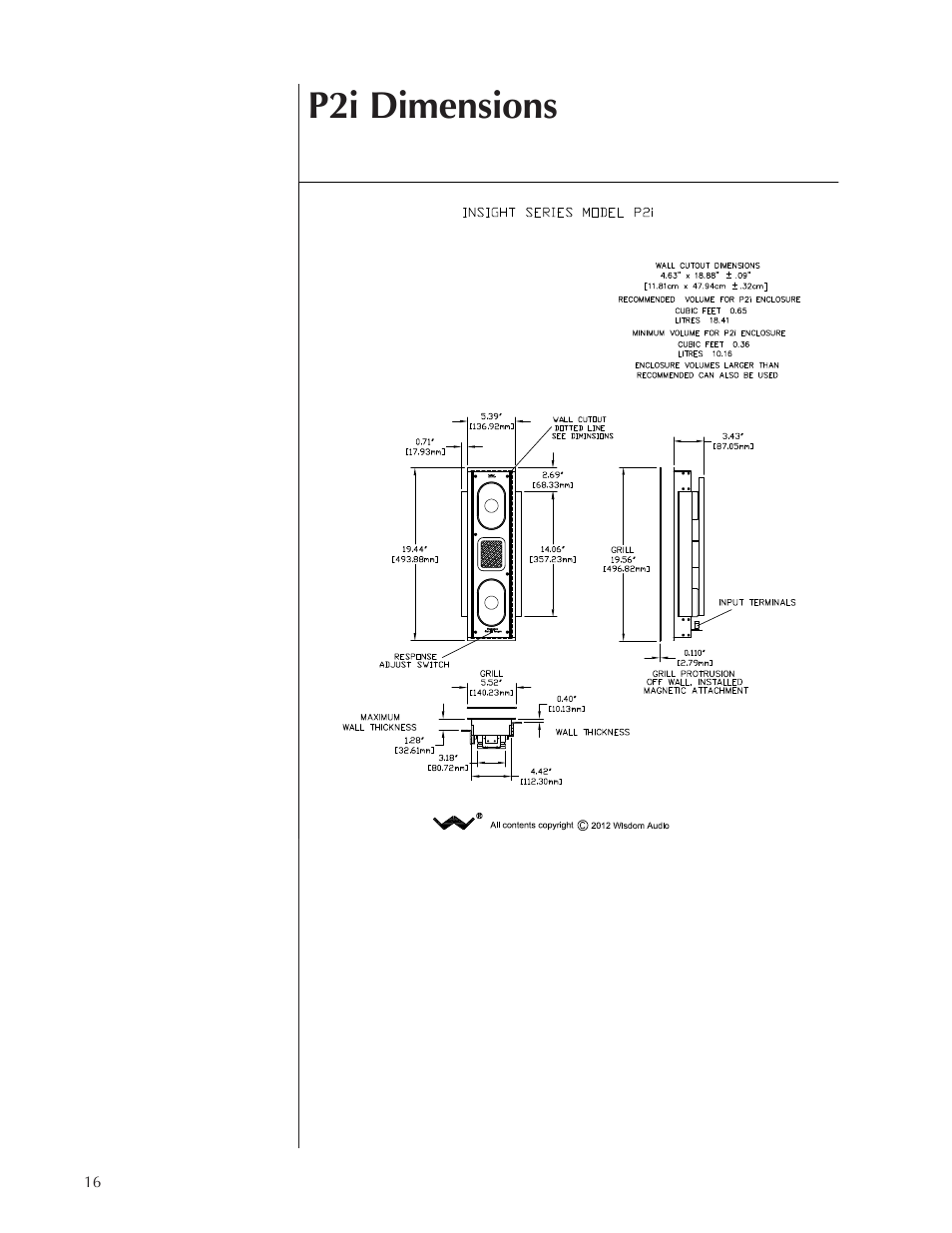 P2i dimensions | Wisdom Audio Insight Series P2i User Manual | Page 16 / 18