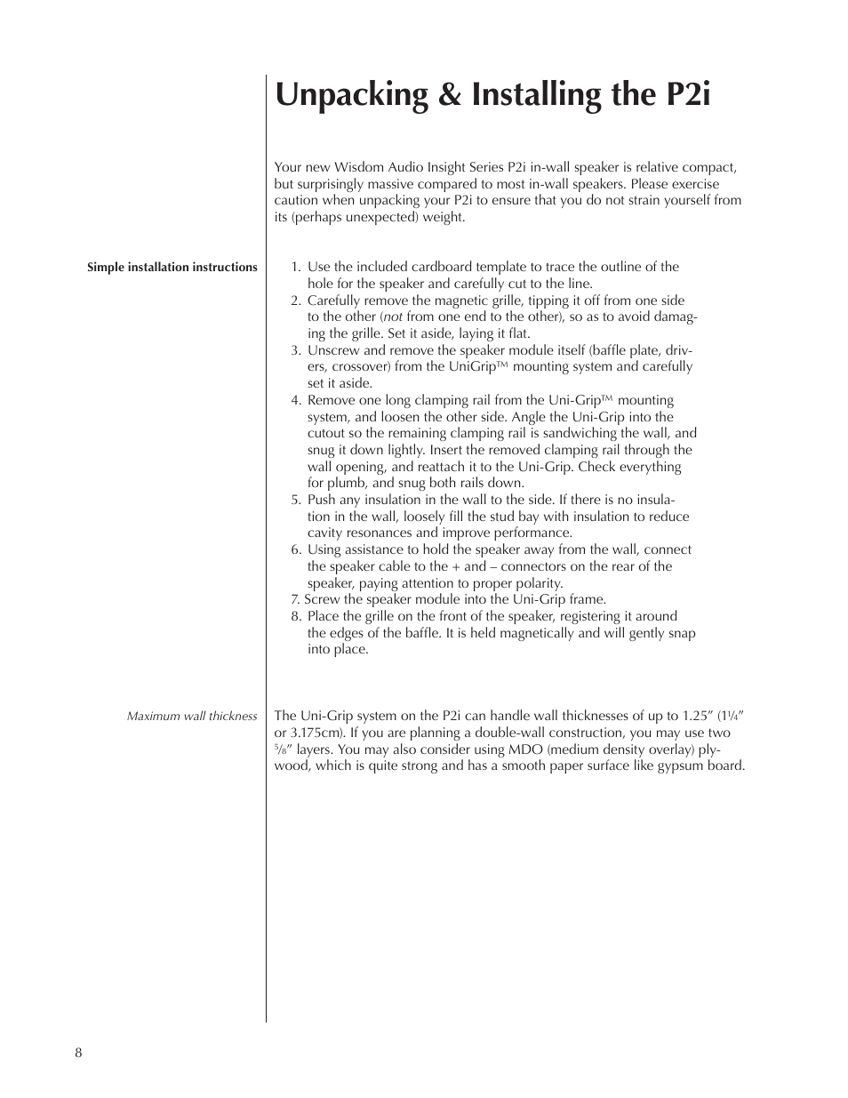 Unpacking & installing the p2i | Wisdom Audio Insight Series P2i User Manual | Page 8 / 18