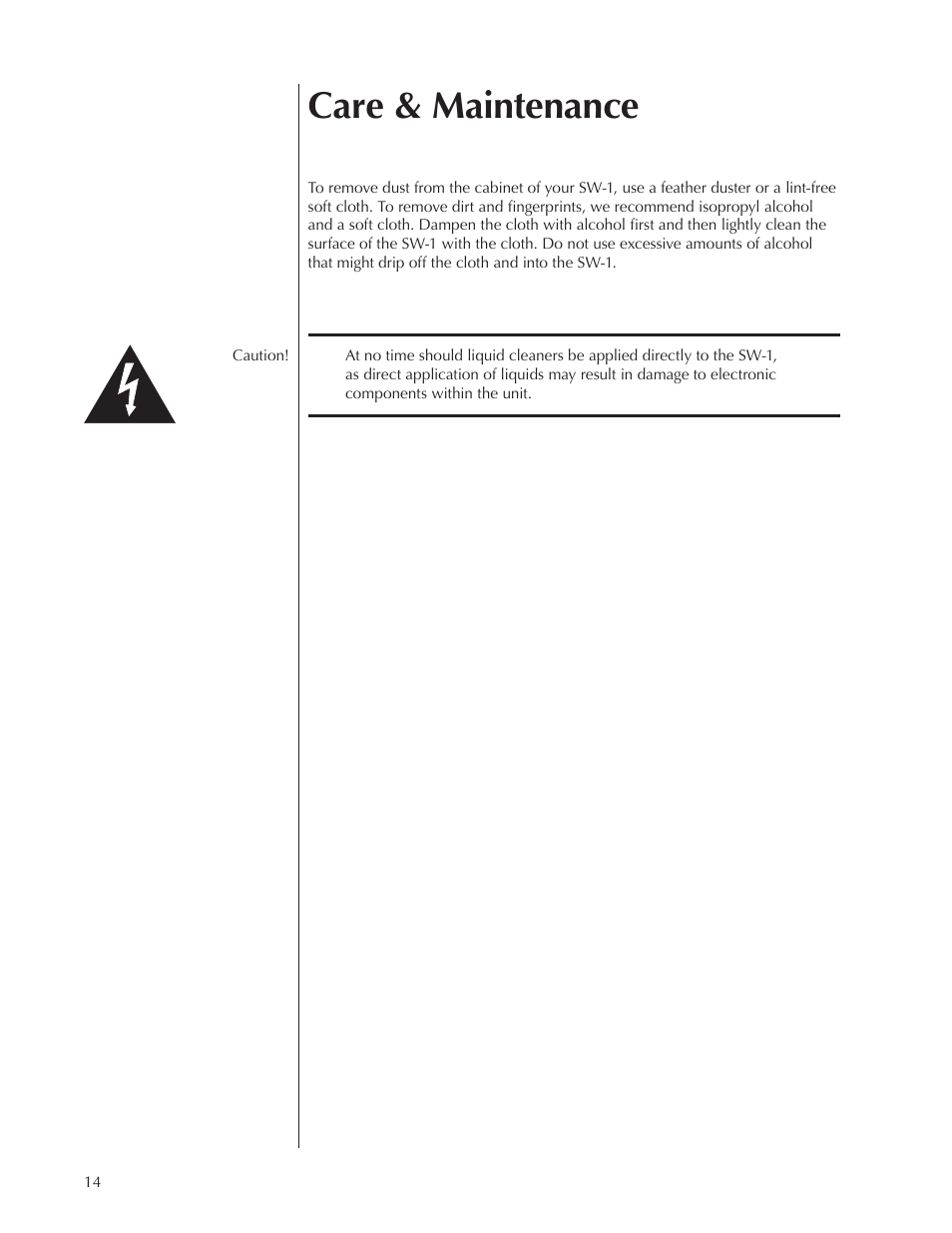 Care & maintenance | Wisdom Audio Series SW-1 User Manual | Page 14 / 20