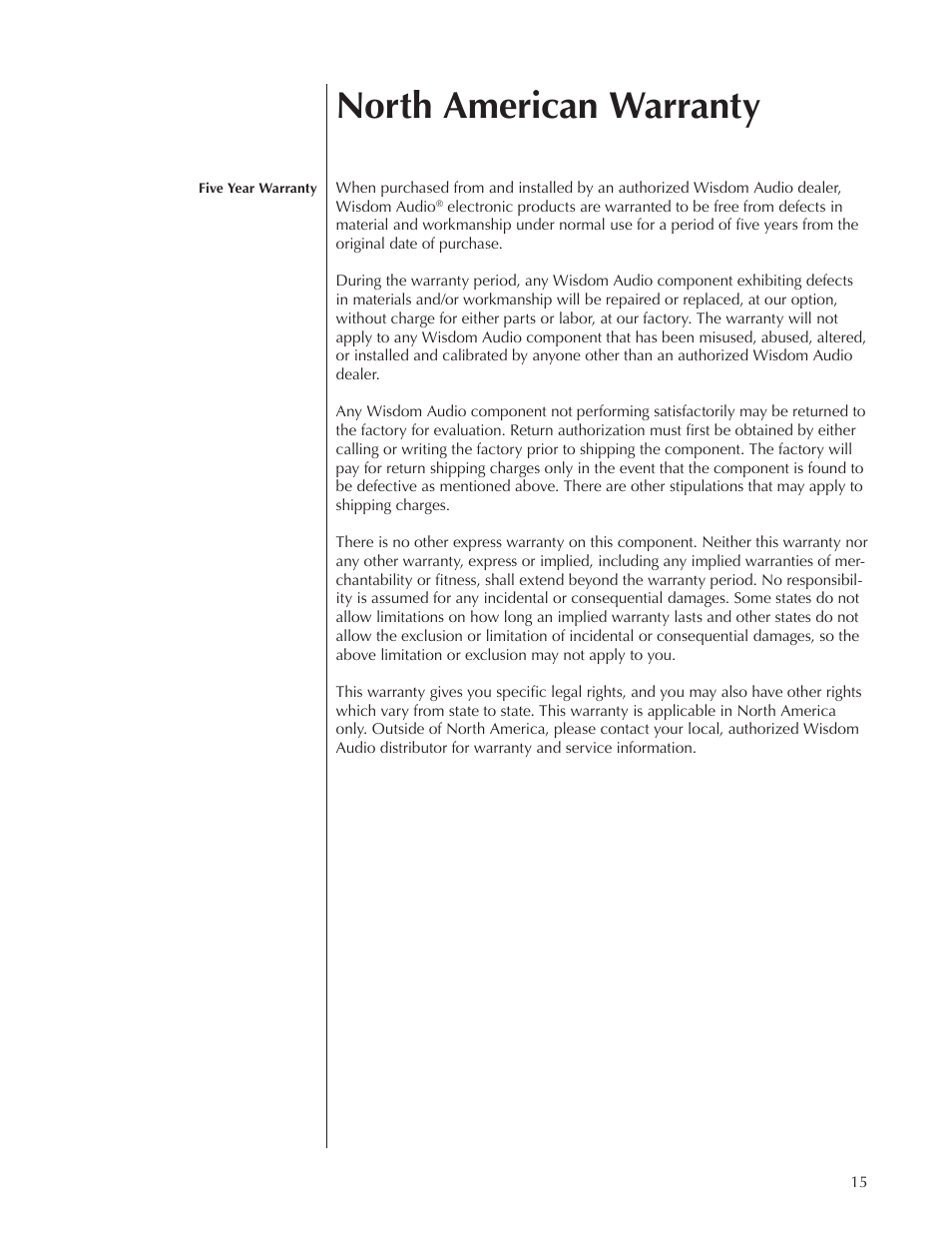 North american warranty | Wisdom Audio Series SW-1 User Manual | Page 15 / 20