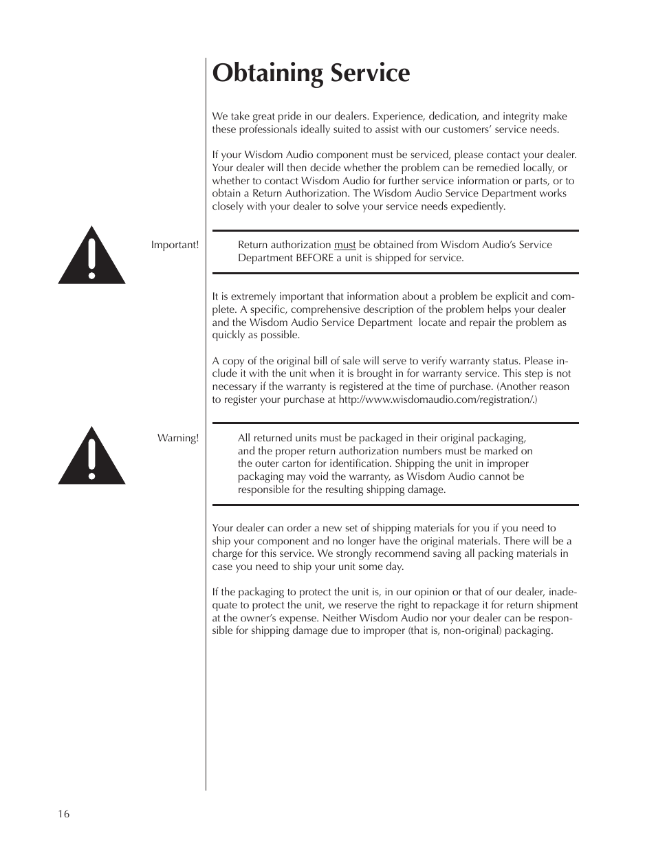 Obtaining service | Wisdom Audio Series SW-1 User Manual | Page 16 / 20