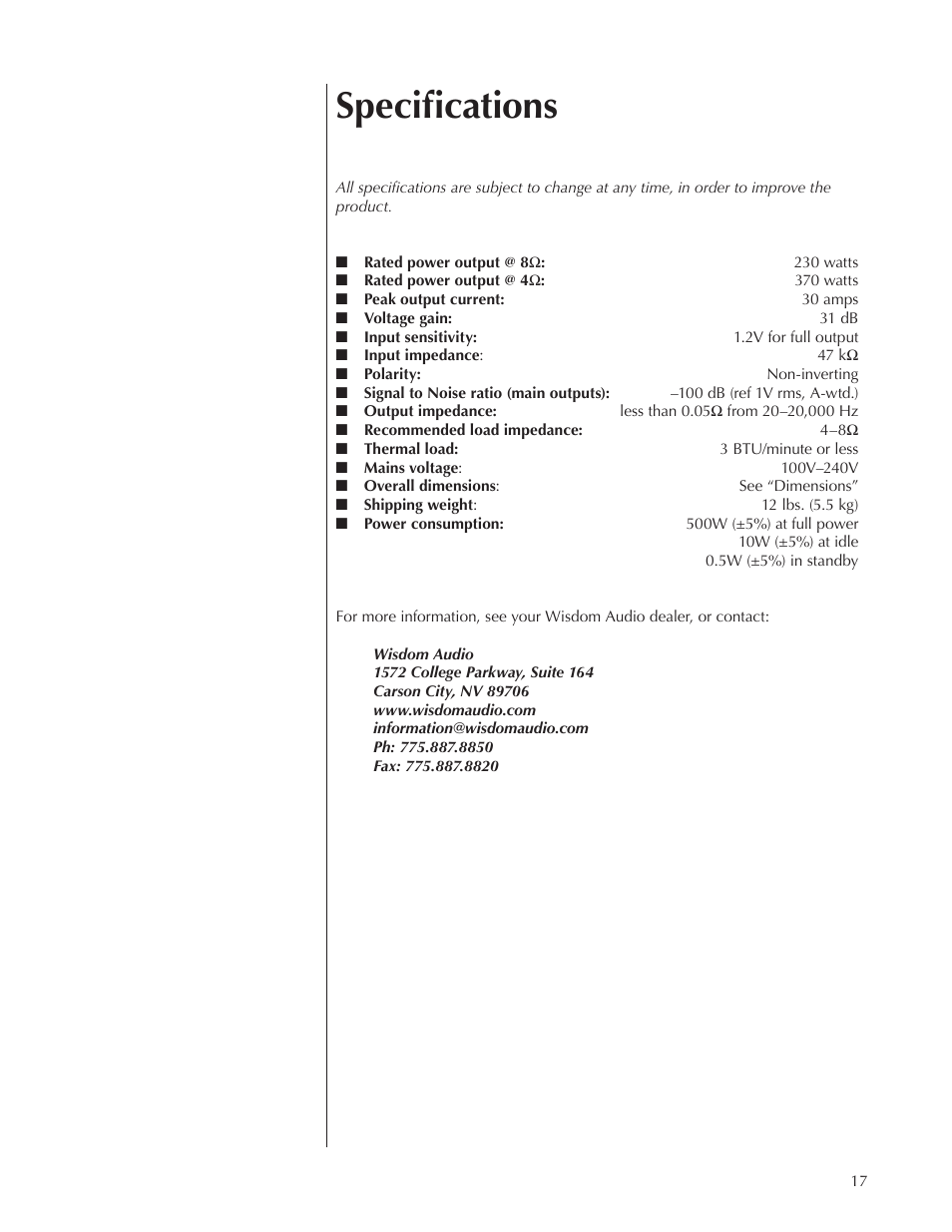 Specifications | Wisdom Audio Series SW-1 User Manual | Page 17 / 20