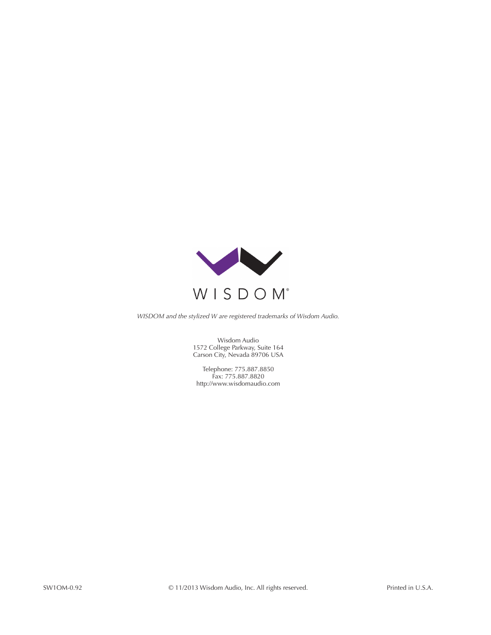 Wisdom Audio Series SW-1 User Manual | Page 20 / 20