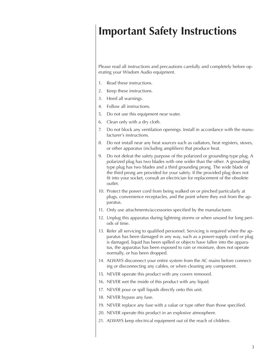 Important safety instructions | Wisdom Audio Series SW-1 User Manual | Page 3 / 20