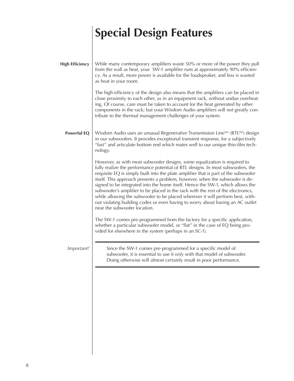 Special design features | Wisdom Audio Series SW-1 User Manual | Page 8 / 20