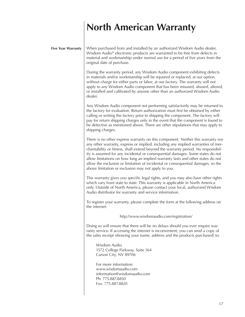 North american warranty | Wisdom Audio Series SA-2 User Manual | Page 17 / 22
