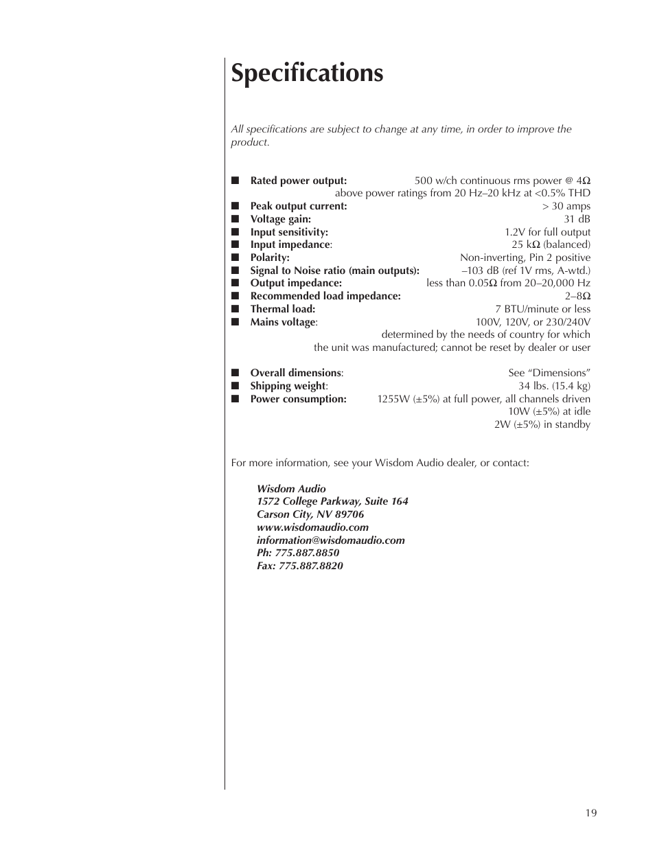 Specifications | Wisdom Audio Series SA-2 User Manual | Page 19 / 22