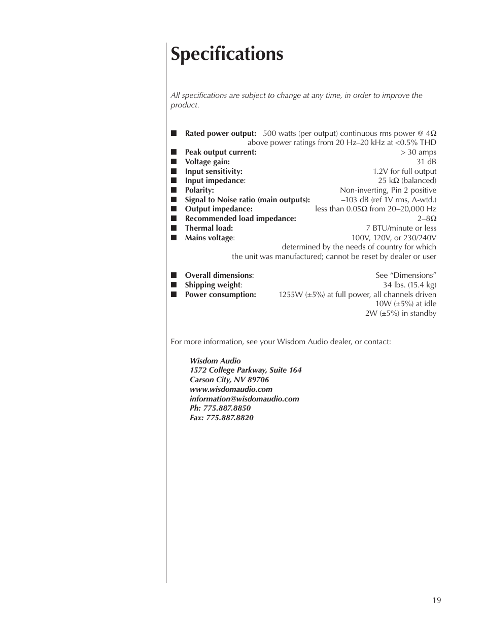 Specifications | Wisdom Audio Series SA-1 User Manual | Page 19 / 22