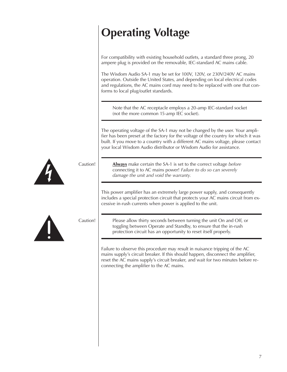 Operating voltage | Wisdom Audio Series SA-1 User Manual | Page 7 / 22