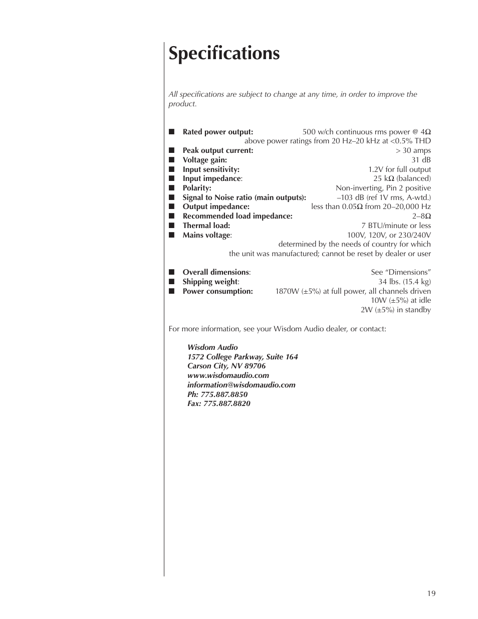 Specifications | Wisdom Audio Series SA-3 User Manual | Page 19 / 22