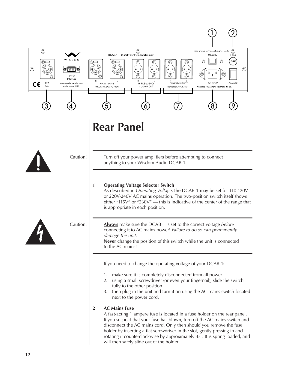 Rear panel | Wisdom Audio DCAB-1 User Manual | Page 12 / 42