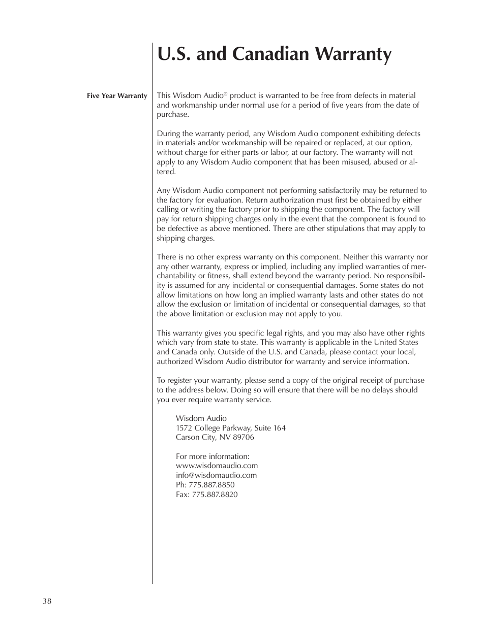 U.s. and canadian warranty | Wisdom Audio DCAB-1 User Manual | Page 38 / 42