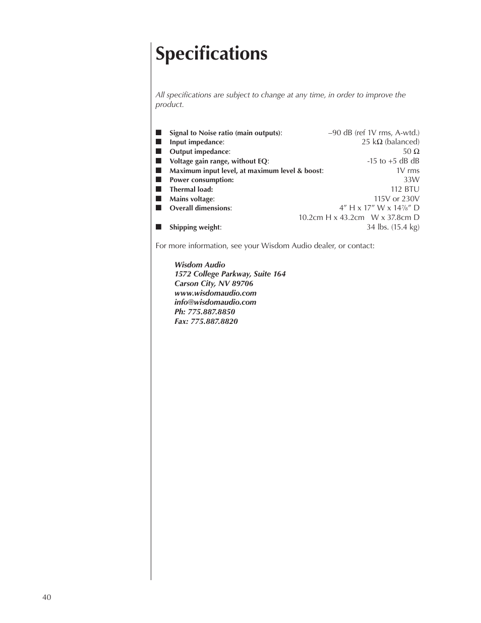 Specifications | Wisdom Audio DCAB-1 User Manual | Page 40 / 42