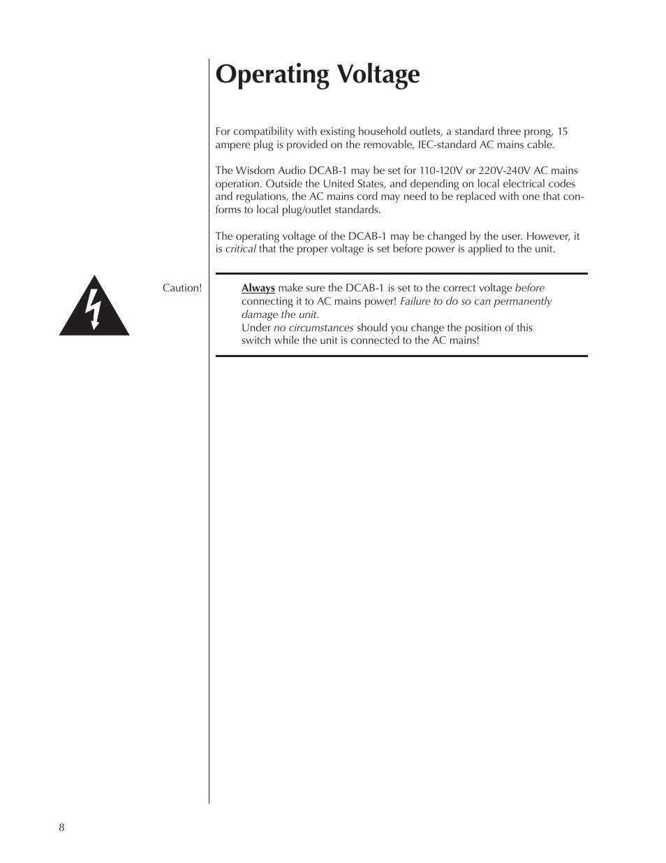 Operating voltage | Wisdom Audio DCAB-1 User Manual | Page 8 / 42