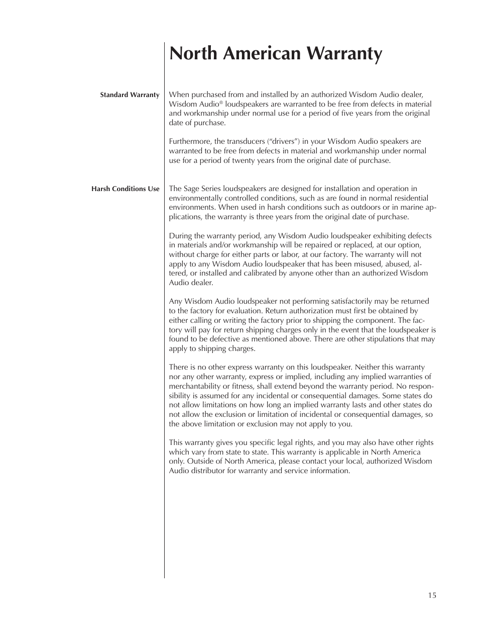 North american warranty | Wisdom Audio Wisdom & Sage Series STS User Manual | Page 15 / 20