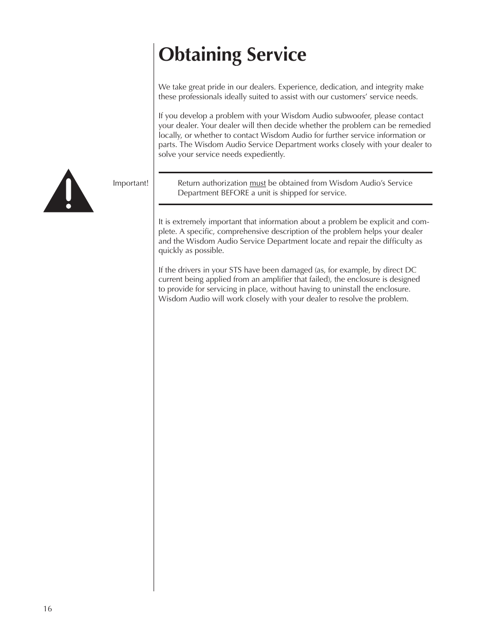 Obtaining service | Wisdom Audio Wisdom & Sage Series STS User Manual | Page 16 / 20