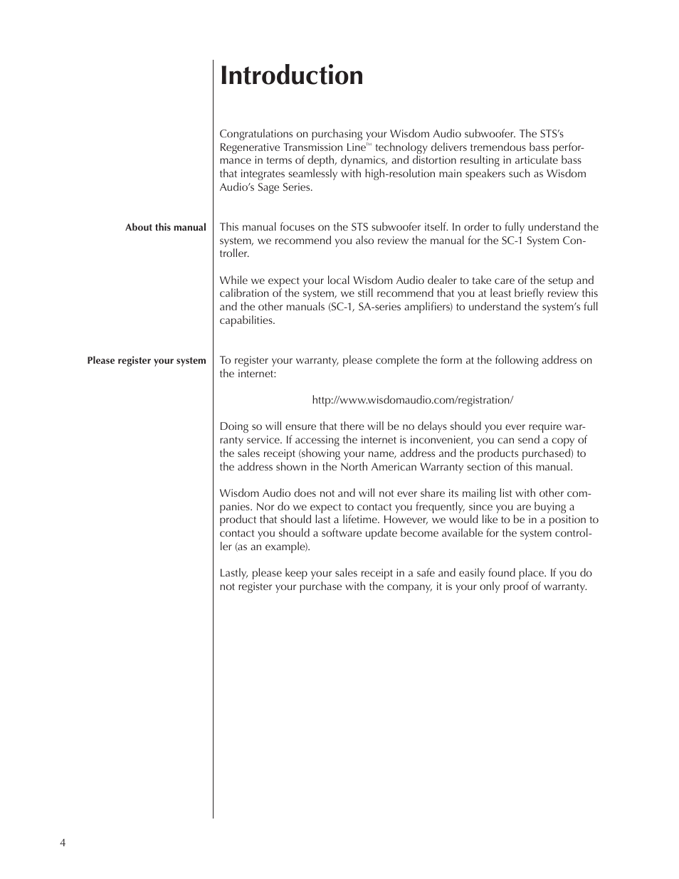 Introduction | Wisdom Audio Wisdom & Sage Series STS User Manual | Page 4 / 20