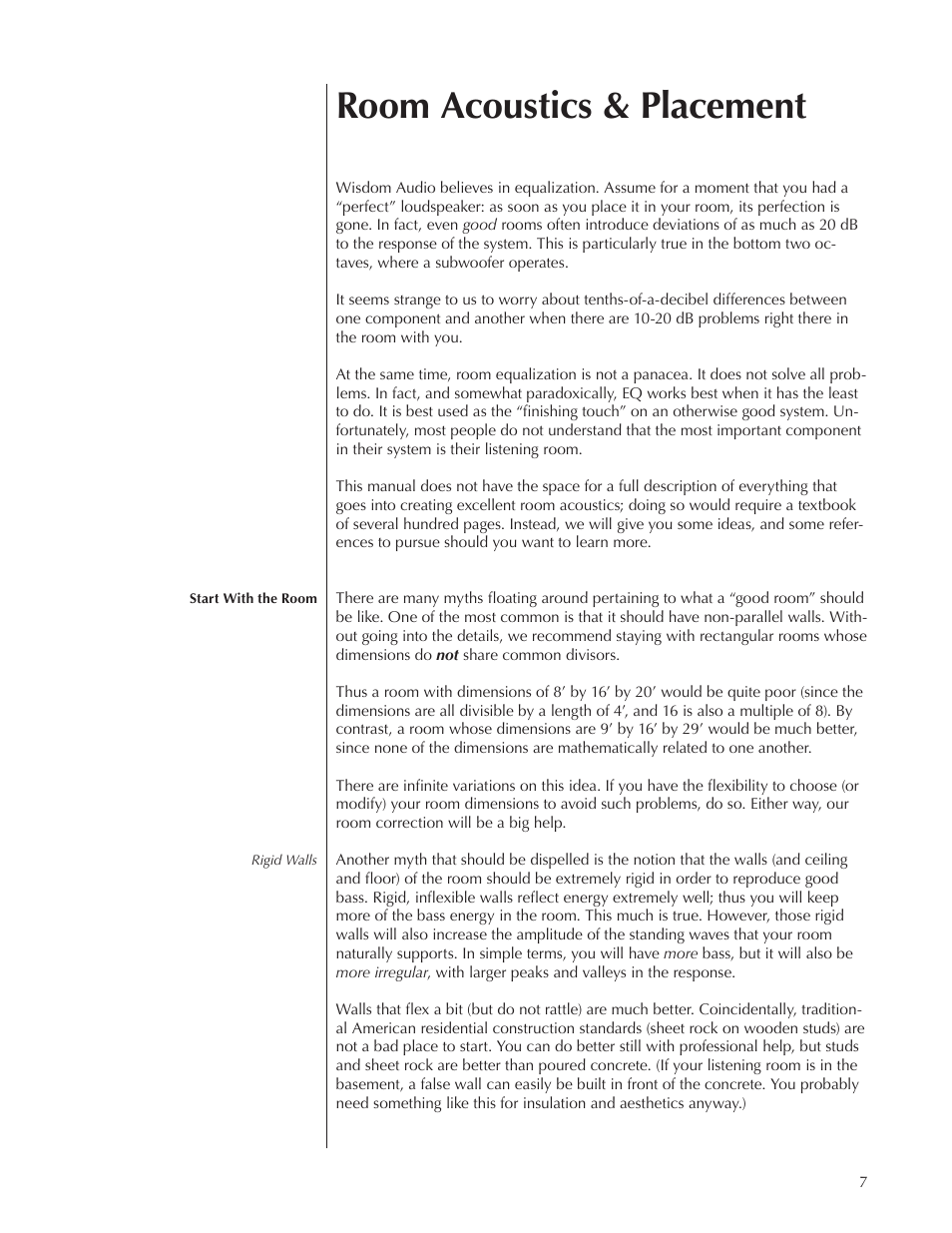 Room acoustics & placement | Wisdom Audio Wisdom & Sage Series STS User Manual | Page 7 / 20