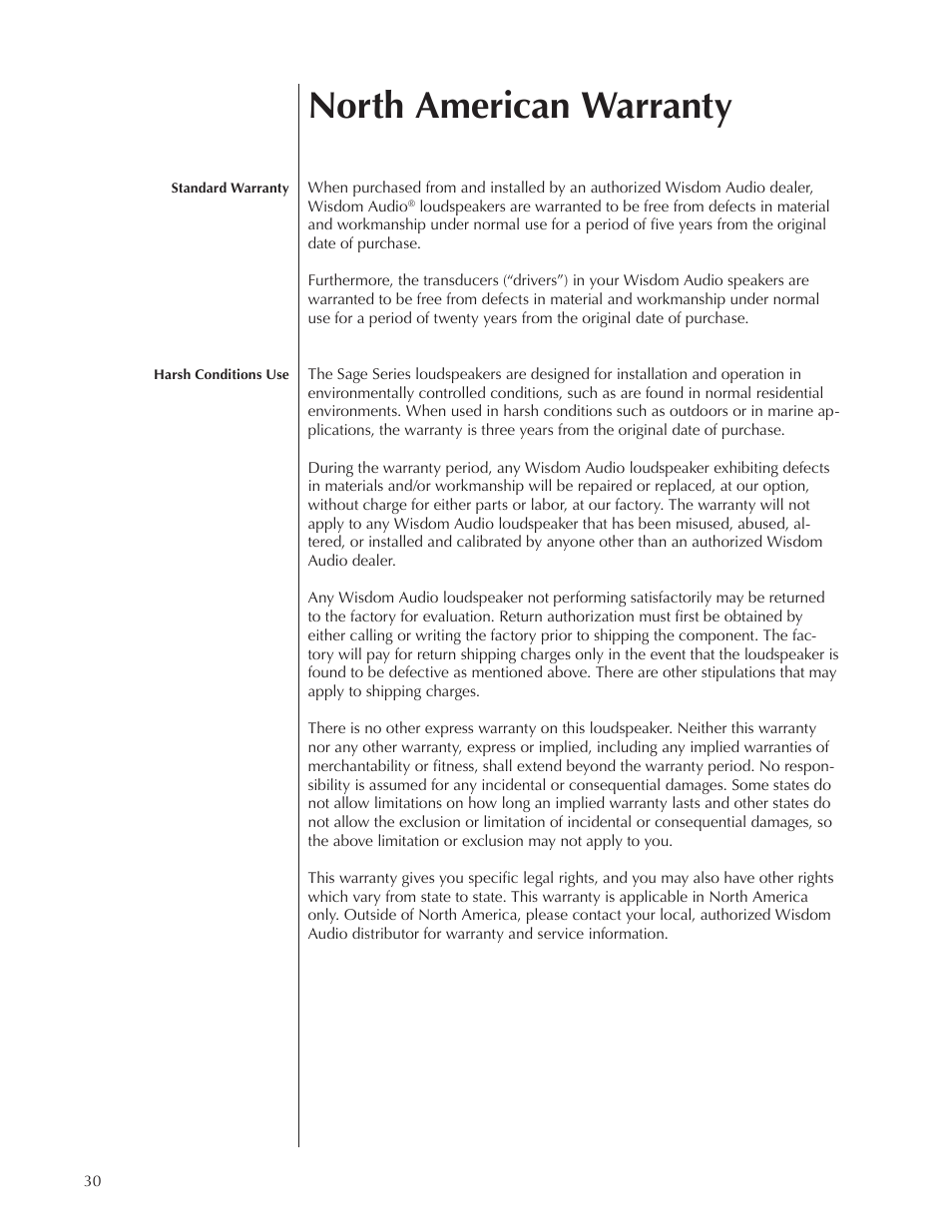North american warranty | Wisdom Audio Series S90i User Manual | Page 30 / 36