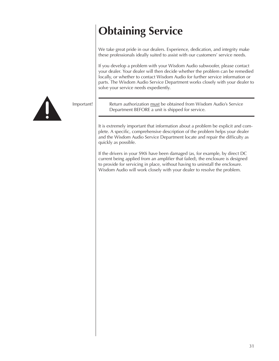 Obtaining service | Wisdom Audio Series S90i User Manual | Page 31 / 36