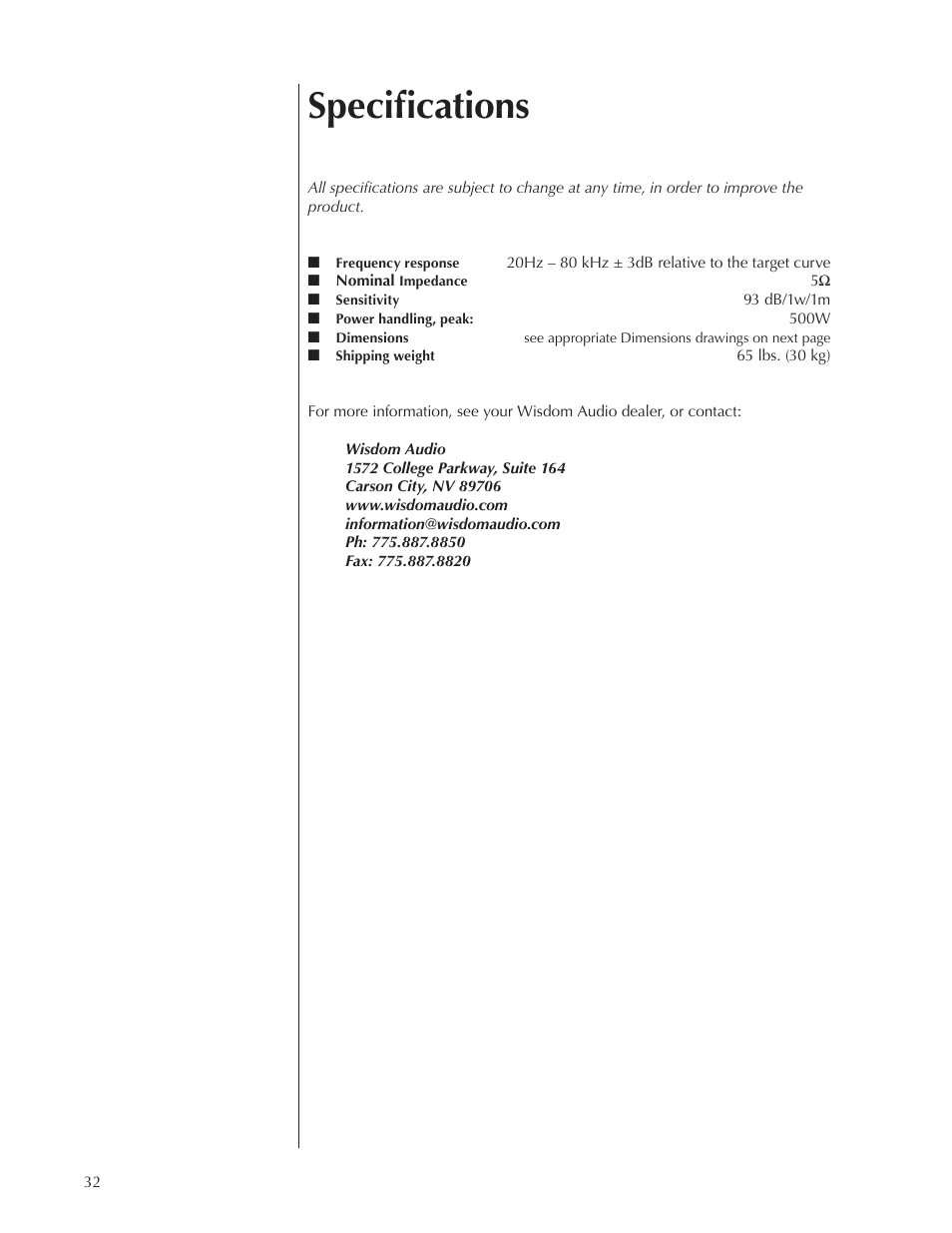 Specifications | Wisdom Audio Series S90i User Manual | Page 32 / 36