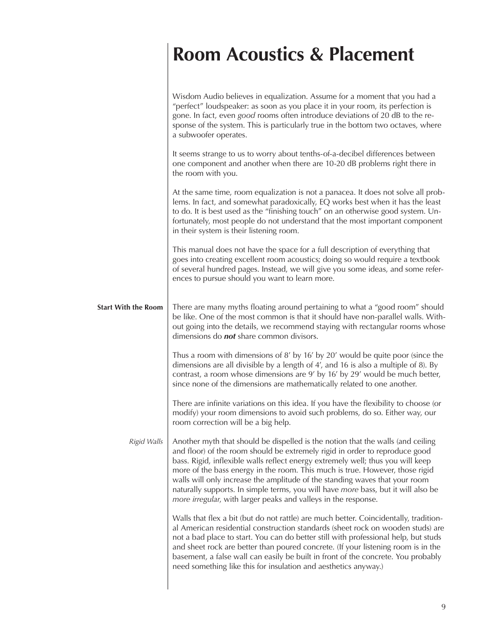 Room acoustics & placement | Wisdom Audio Series S90i User Manual | Page 9 / 36