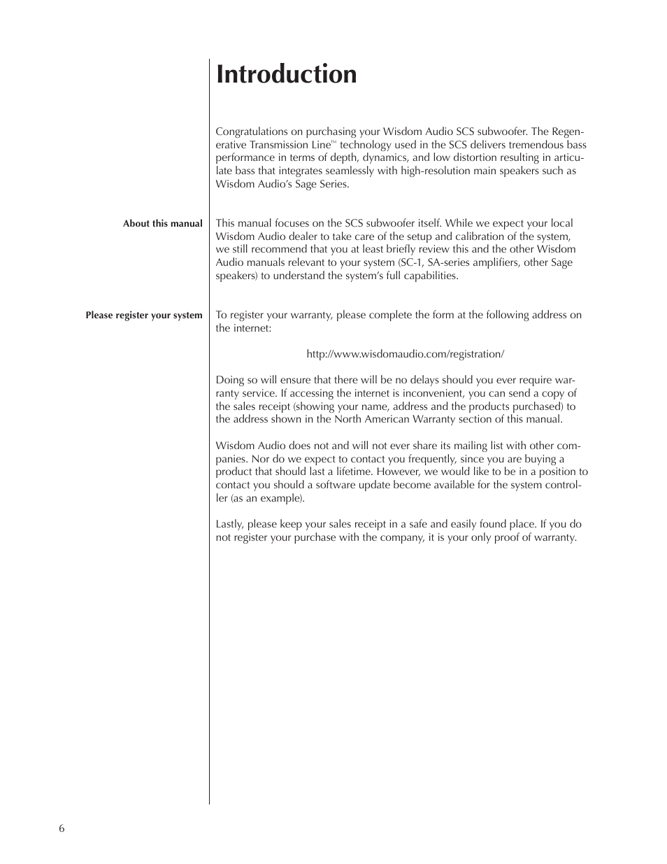 Introduction | Wisdom Audio Series SCS User Manual | Page 6 / 26