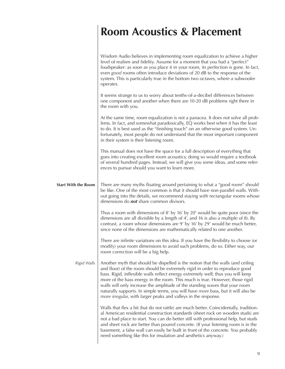 Room acoustics & placement | Wisdom Audio Series SCS User Manual | Page 9 / 26