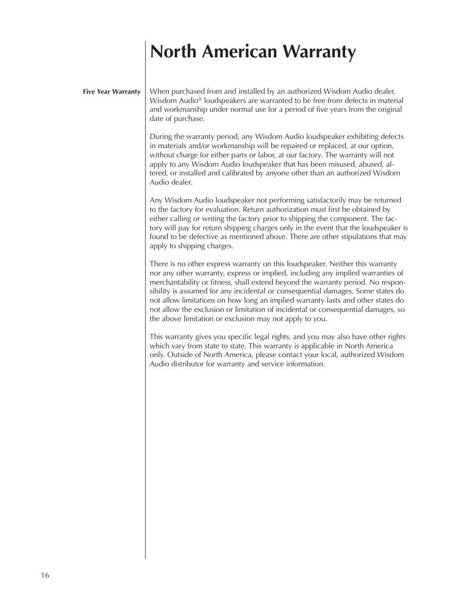 North american warranty | Wisdom Audio Series SAS User Manual | Page 16 / 22