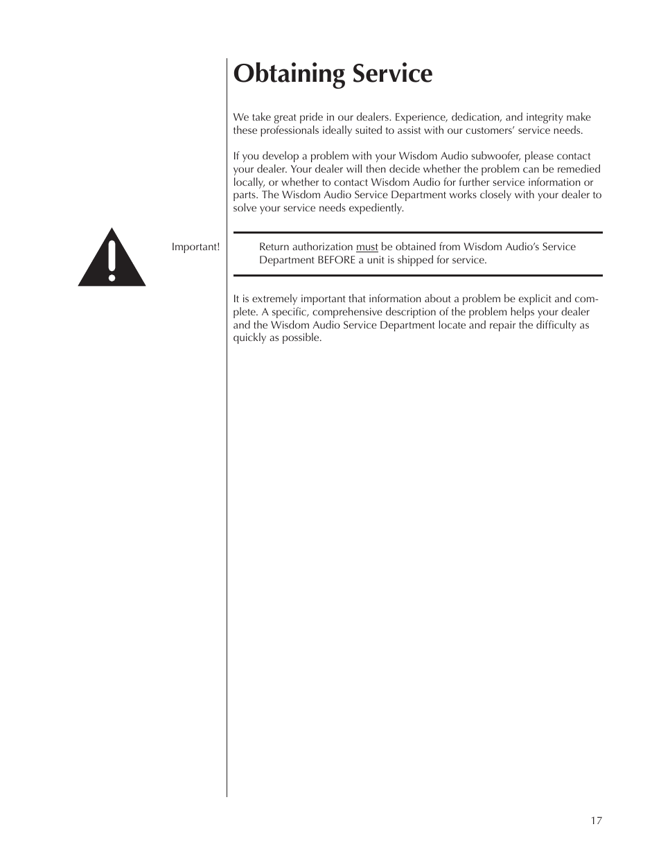 Obtaining service | Wisdom Audio Series SAS User Manual | Page 17 / 22