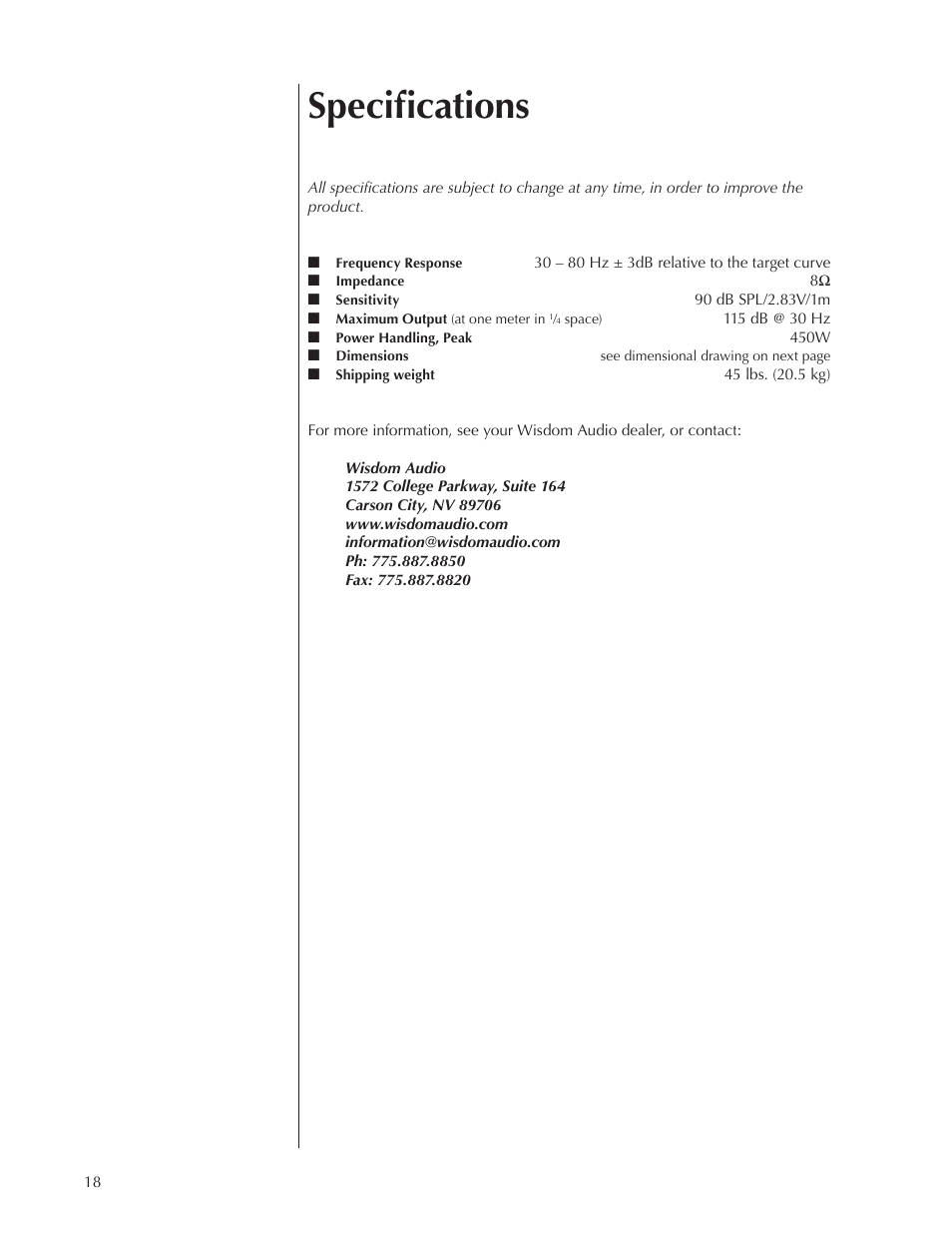 Specifications | Wisdom Audio Series SAS User Manual | Page 18 / 22