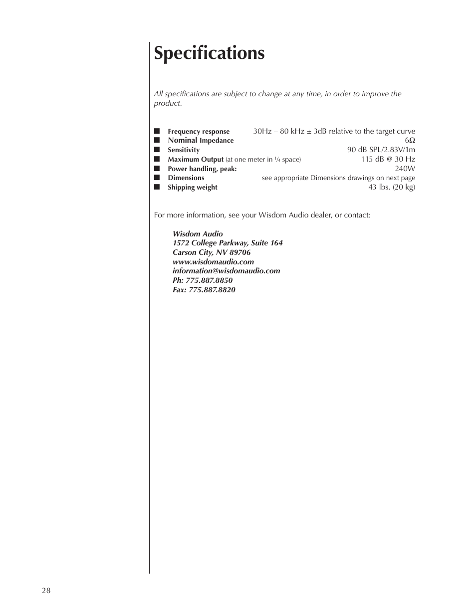 Specifications | Wisdom Audio Series S55i User Manual | Page 28 / 32