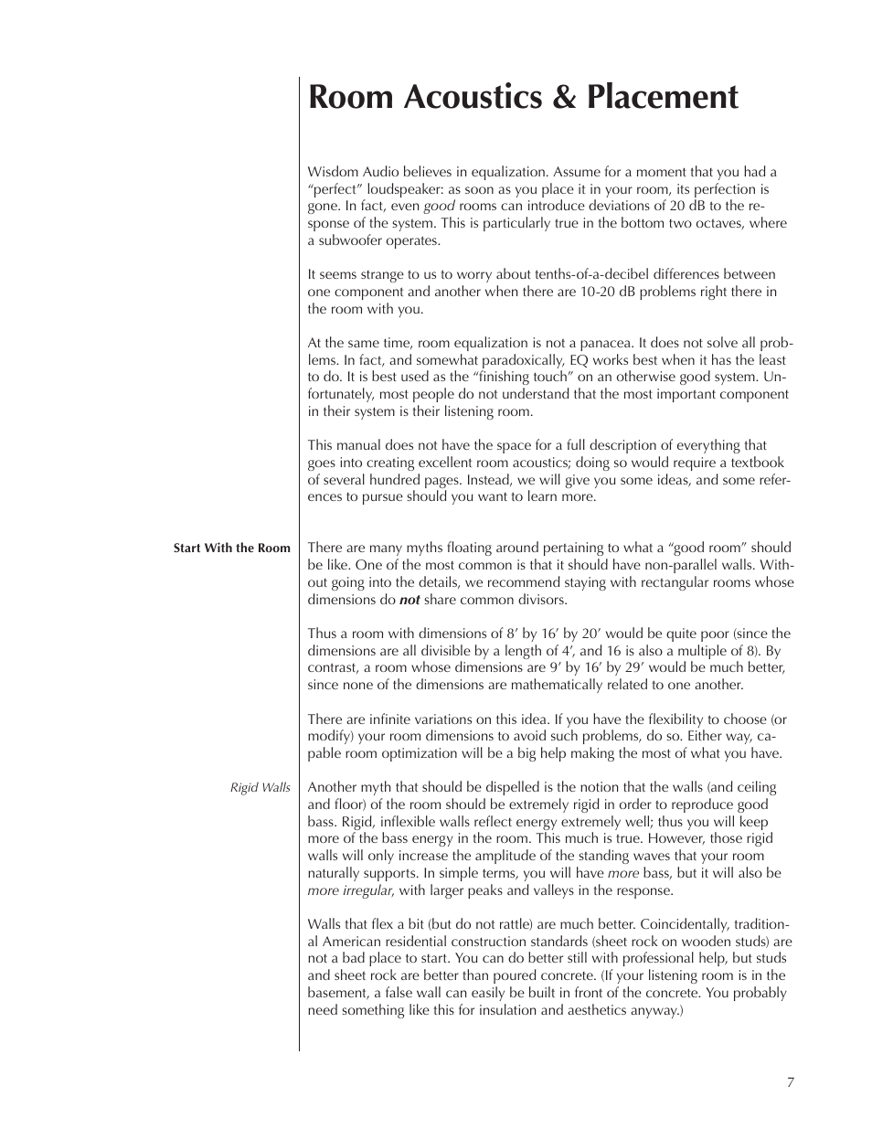 Room acoustics & placement | Wisdom Audio Series S55i User Manual | Page 7 / 32