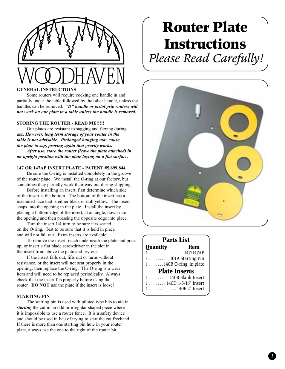 Woodhaven Router Plate and Table User Manual | 4 pages