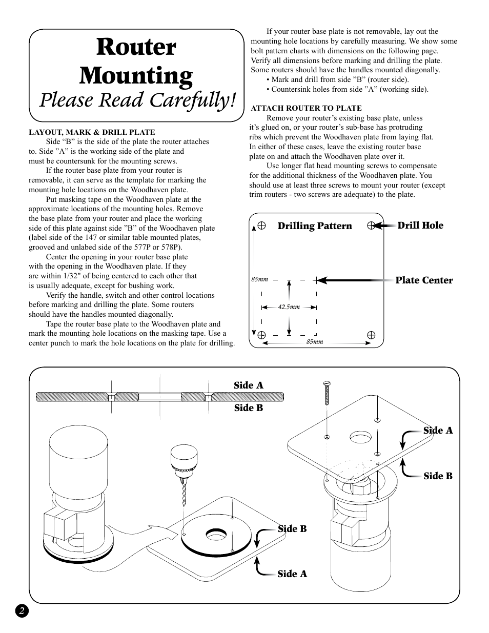 Router mounting, Please read carefully | Woodhaven Router Plate and Table User Manual | Page 2 / 4