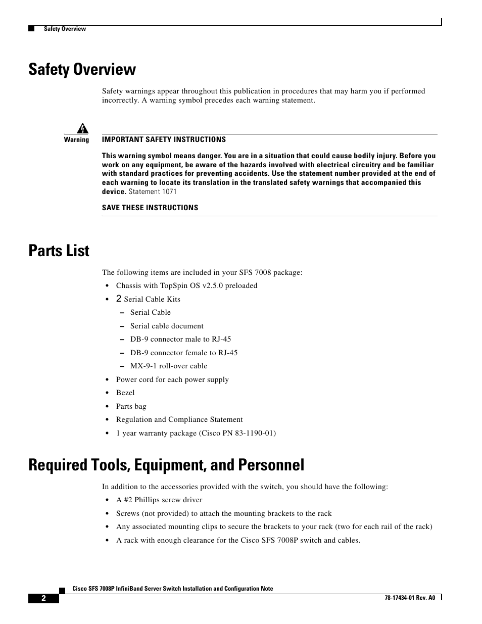 Safety overview, Parts list, Required tools, equipment, and personnel | Cisco SFS 7008P User Manual | Page 2 / 34