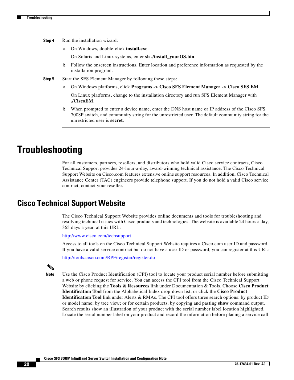 Troubleshooting, Cisco technical support website | Cisco SFS 7008P User Manual | Page 20 / 34