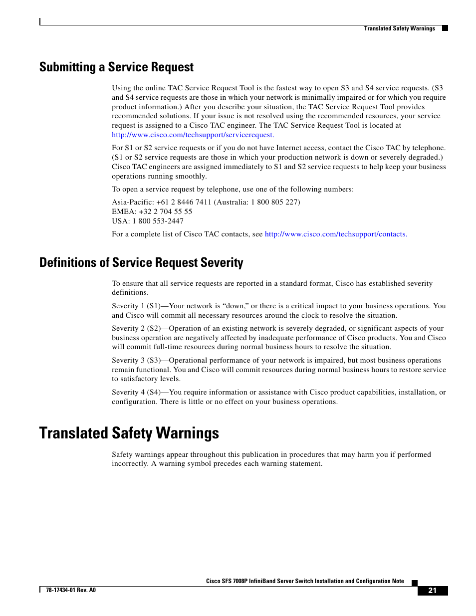 Submitting a service request, Definitions of service request severity, Translated safety warnings | Cisco SFS 7008P User Manual | Page 21 / 34