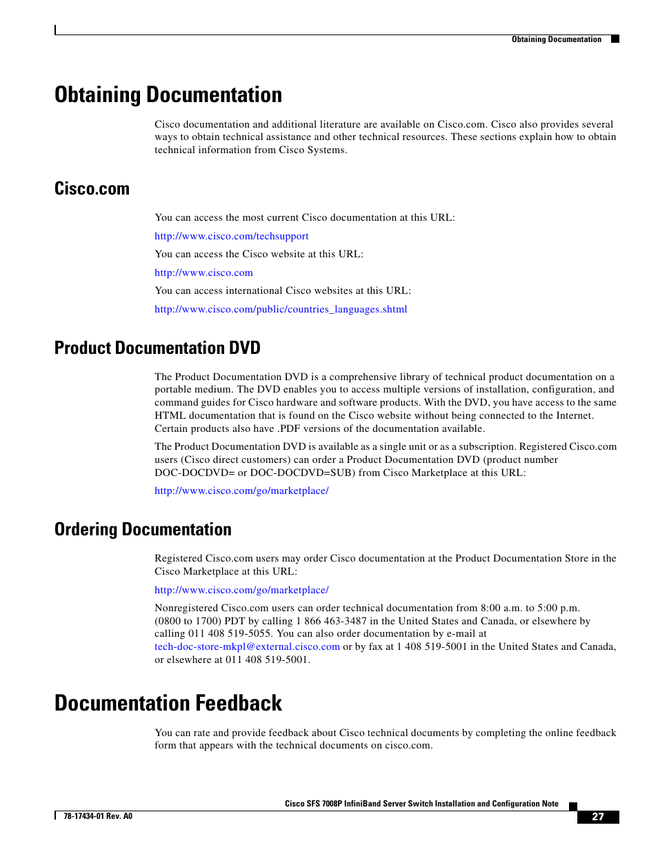 Obtaining documentation, Cisco.com, Product documentation dvd | Ordering documentation, Documentation feedback | Cisco SFS 7008P User Manual | Page 27 / 34