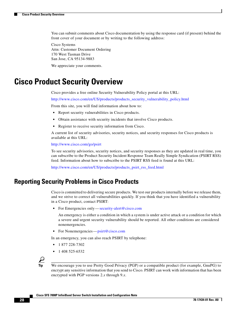 Cisco product security overview, Reporting security problems in cisco products | Cisco SFS 7008P User Manual | Page 28 / 34