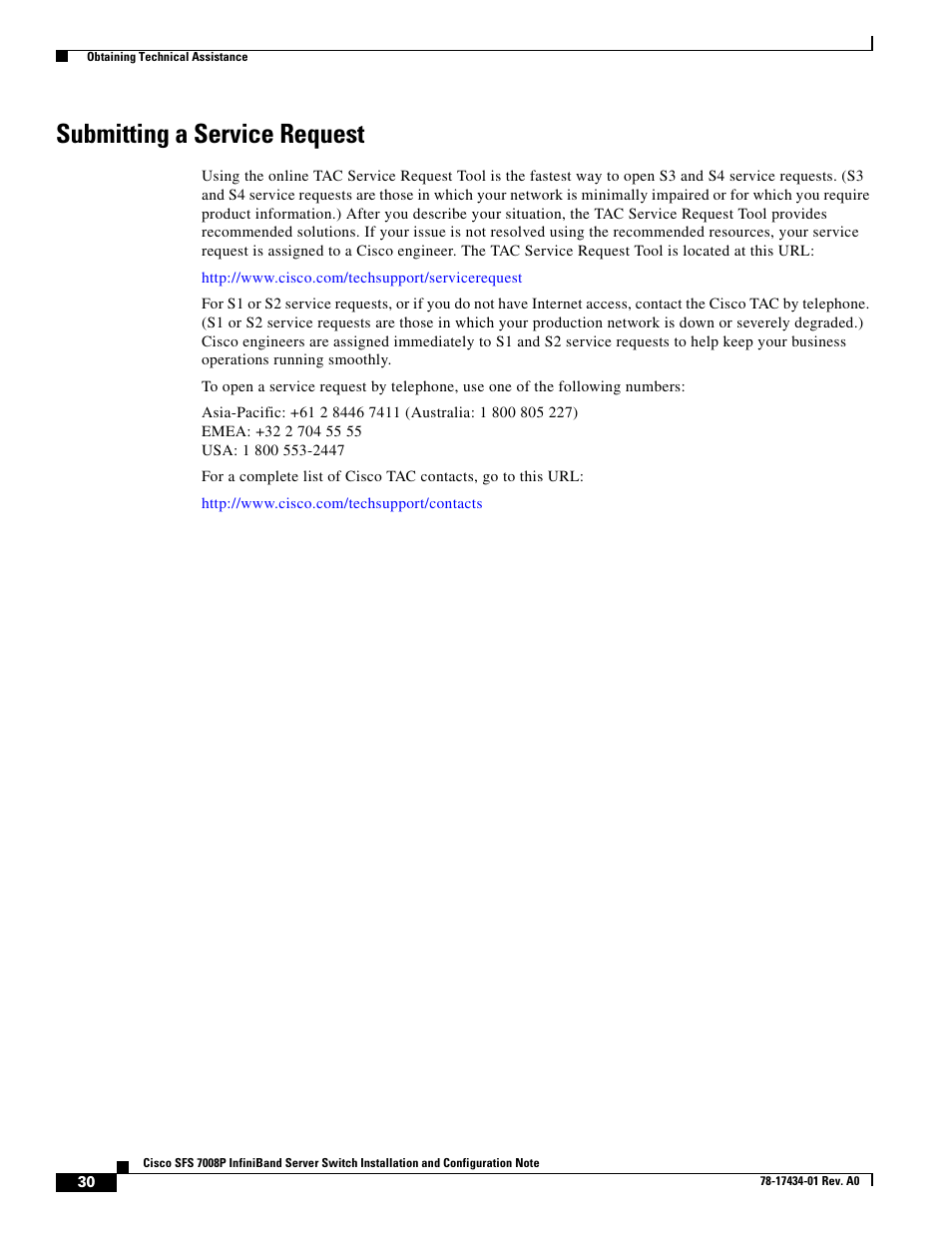 Submitting a service request | Cisco SFS 7008P User Manual | Page 30 / 34