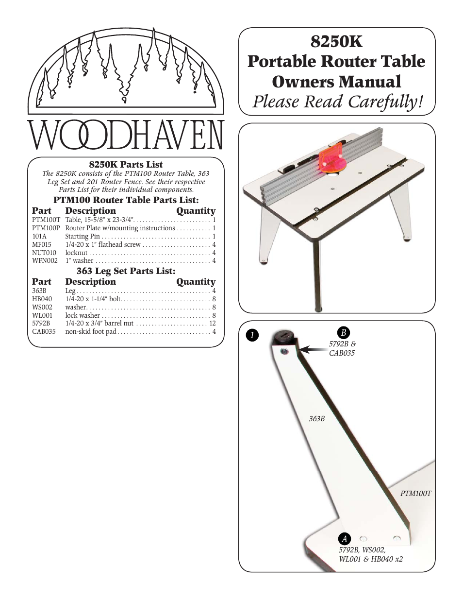 Woodhaven 8250K: Portable Router Table, Fence & Leg Set User Manual | 3 pages