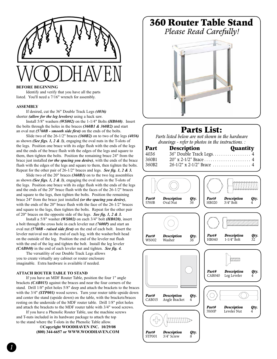 Woodhaven 360: Aluminum Table Stand User Manual | 2 pages