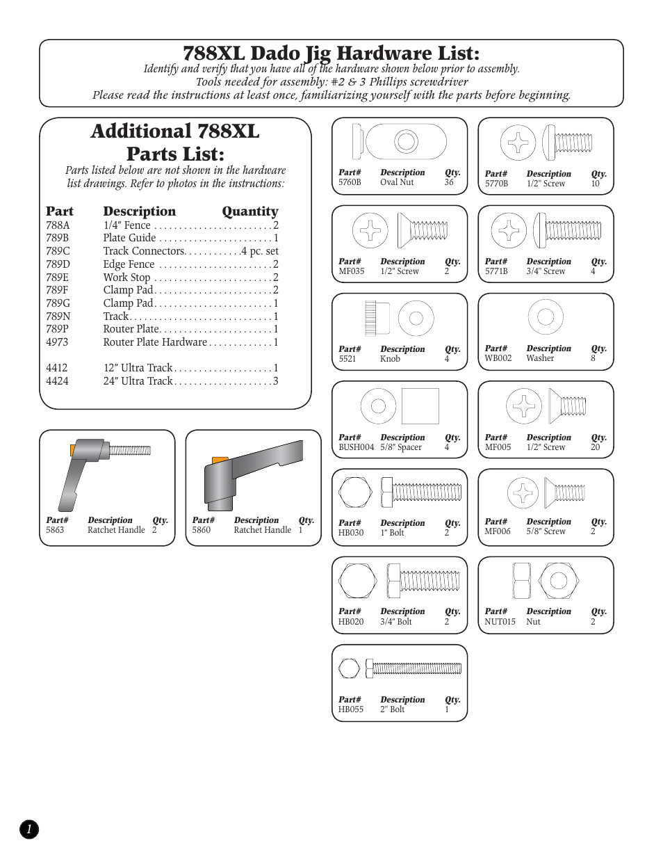 788xl dado jig hardware list, Additional 788xl parts list, Part description quantity | Woodhaven 788XL: Dado Jig User Manual | Page 2 / 8