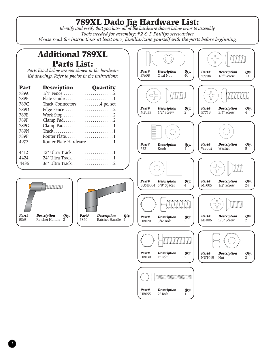 789xl dado jig hardware list, Additional 789xl parts list, Part description quantity | Woodhaven 789XL: Dado Jig User Manual | Page 2 / 8