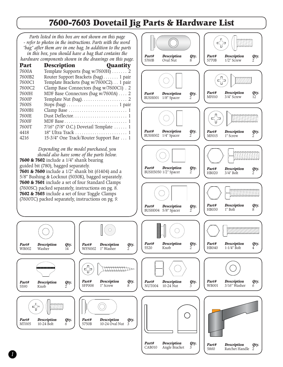 Part description quantity | Woodhaven 7600-7603: Dovetail Jigs User Manual | Page 2 / 6